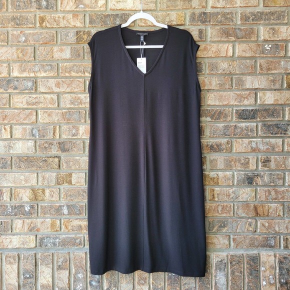 Eileen Fisher Women's Black Viscose Jersey Calf Length Dress Size Large NEW - Picture 1 of 5